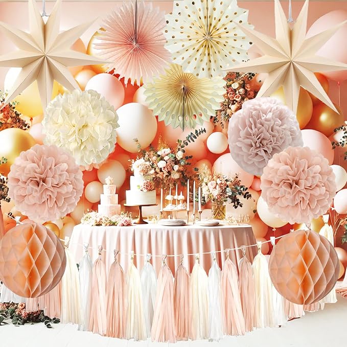 Champagne Beige Party Decoration,15PCS Champagne Boho Birthday Decorations for Women Men Girl Boy,Hanging Backdrop Decor for Engagement,Boho Wedding,Baby Shower,Bridal Shower,Garden Party