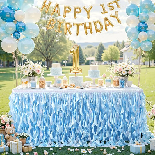 Wish Care 9ft Light Blue Sequin Table Skirt for Rectangle Tables Glitter Curly Willow Tutu Skirt Ruffle Table Cloth Desk Skirts for Birthday Baby Shower Ocean Baby Shark Party Cake Table Decorations
