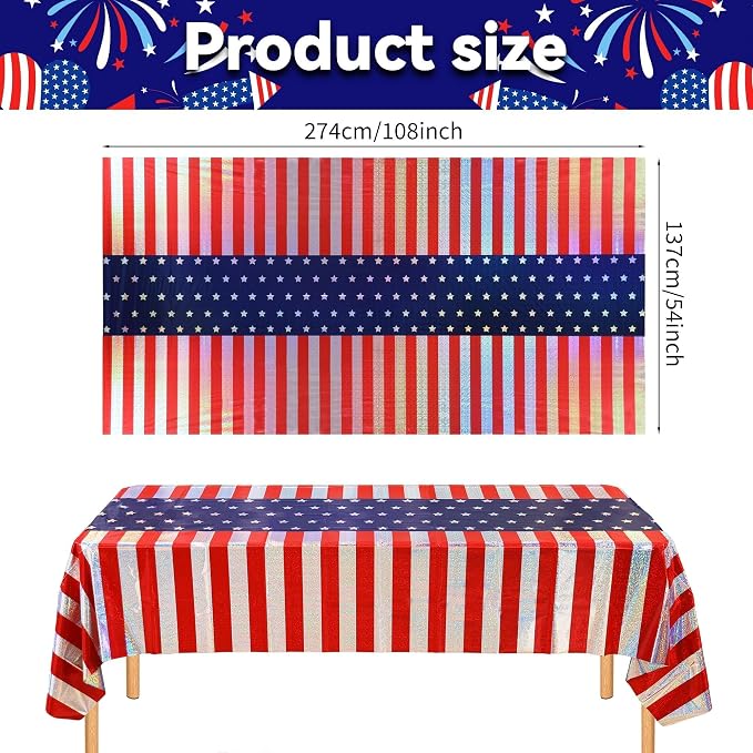 Iridescent USA 250 Years Anniversary Party Tableware Decorations Kit, Holographic Laser Plates(9”+7”), Sparkling Patriotic Tablecloth 9ft, Cups Napkins for 4th of July, Kids Birthday, Patriotic Party