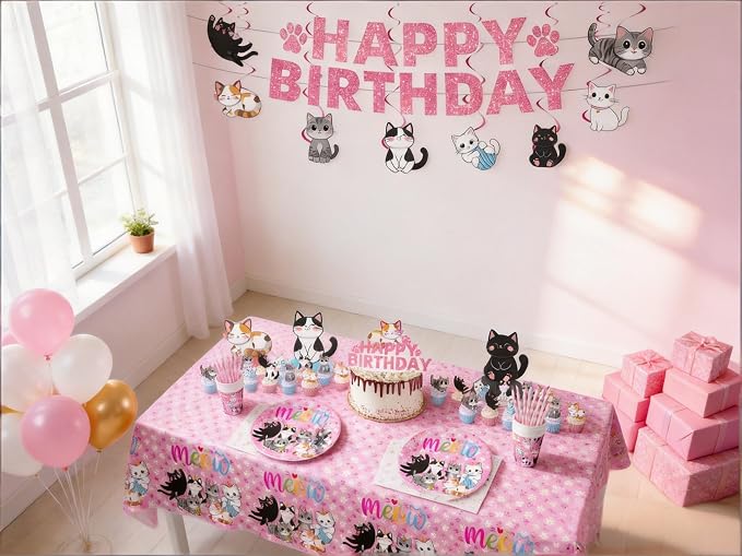 188PCS Cat Party Supplies Set - Complete Cat Themed Birthday Party Decorations with Plates, Cups, Napkins, Tablecloth, Honeycomb Centerpieces,Banner and Hanging Swirls