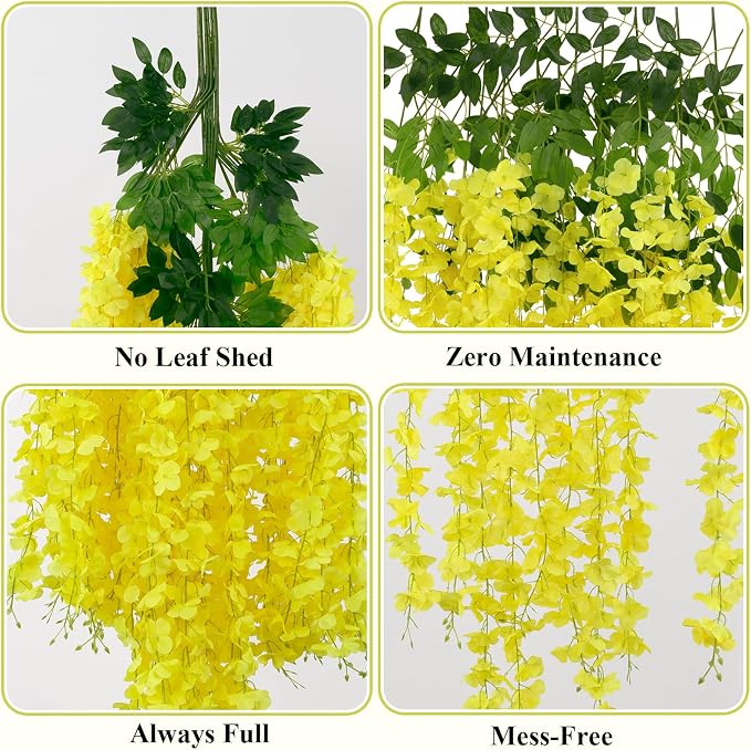 U'Artlines 24 Pack (Total 86.4 Feet) Artificial Fake Wisteria Vine Rattan Hanging Garland Silk Flowers String Home Party Wedding Decor (24,Yellow)