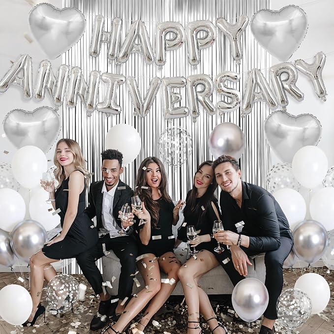 Anniversary Decorations Silver,Happy Anniversary Balloon Banner with Heart Foil Balloons Fringe Curtain for Wedding Party Valentine's Day Romantic