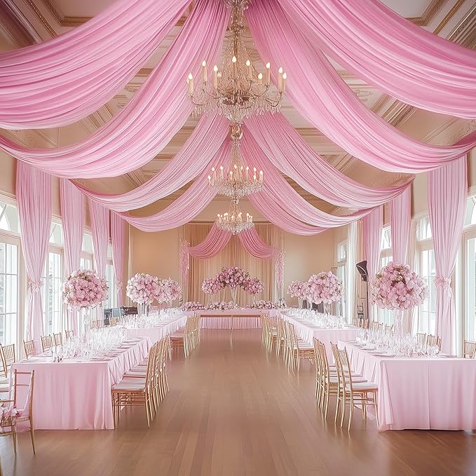 4 Panels 5x40ft Pink Ceiling Drapes for Wedding Parties, Wrinkle Free Thick Polyester 40ft Extra Long Wedding Draping Pink Ceiling Curtains Arch Drapery for Birthday Party Canopy Tent Decor