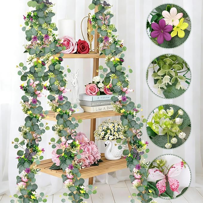4PCS Artificial Daisy Garland with 3D Butterfly 5.68FT Fake Wildflower Garland Spring Flowers Garlands Greenery Eucalyptus Floral Vines for Home Table Mantle Wedding Backdrop Decor