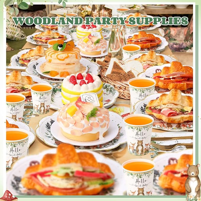 Funnymoom 400 Pcs Woodland Baby Shower Party Supplies for 50 Forest Animals Mountain Wilderness Plates Napkins Cups Spoons Forks Knives for Neutral Forest Animal Baby Shower(Green and Gold, Woodland)