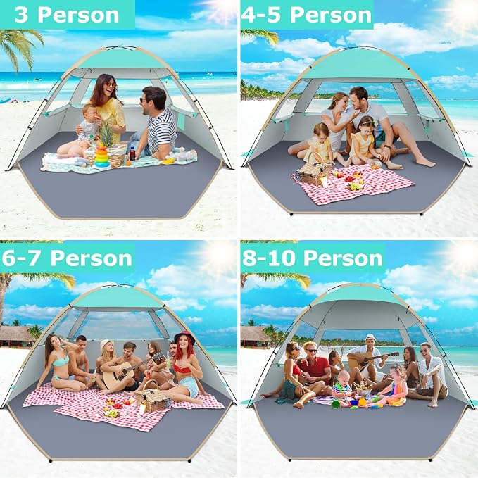Gorich Beach Tent Sun Shelter for 3/4/6/8/10 Person with UPF 50＋ UV Protection, Lightweight & Easy Setup Beach Shade Canopy, Portable Beach Shade Tent Beach Cabana