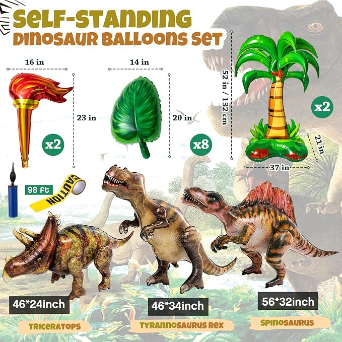 Skylety 16 Pcs Dinosaur Theme Decorations Included 3 Style 50'' x 30'' Inflatable Dinosaur Balloon 2 Pcs Palm Tree Leafs Torch Balloon for Birthday Gift Halloween Christmas Party Supplies
