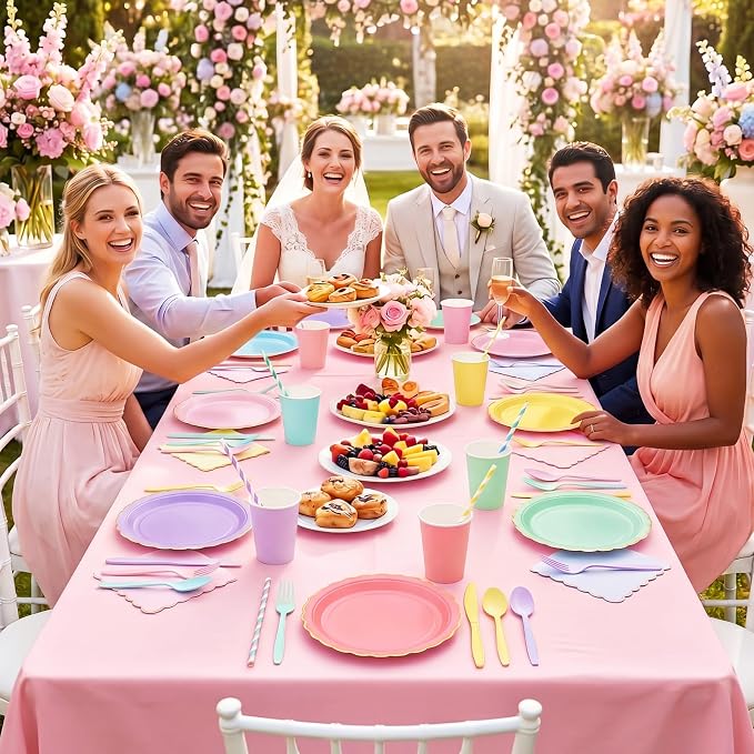 Vesici 452 Pcs Pastel Party Supplies Set for 50 Guests Include 9 Inch 7 Inch Paper Plates Napkins Tablecloths 9 oz Cups Forks Spoons Straws for Birthday Baby Shower Wedding Party Decorations, 6 Colors