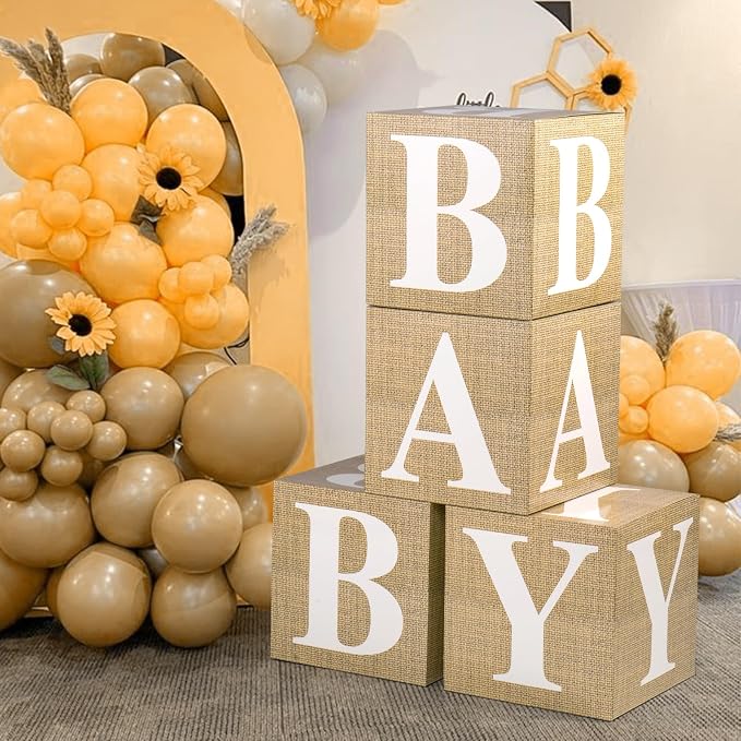 Voircoloria Baby Boxes with Letters for Baby Shower Decorations, Gender Reveal Decorations with 4 Burlap Balloon Boxes
