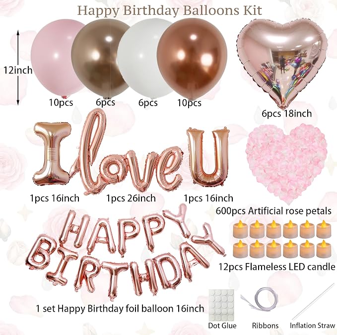 Birthday Room Decorations for Women, Happy Birthday Hotel Room Decorations for Her with Rose Gold Balloons, LOVE Balloon, LED Candle Lights, Rose Petals, Girlfriend Pink Birthday Decorations Set