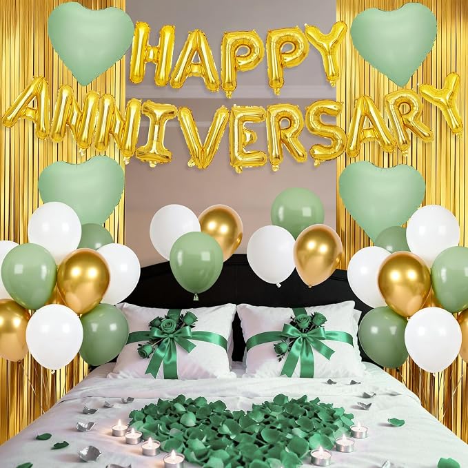 Anniversary Decorations Green Gold,Happy Anniversary Balloon Banner with Heart Foil Balloons Fringe Curtain for Wedding Party Valentine's Day Romantic Night Surprise