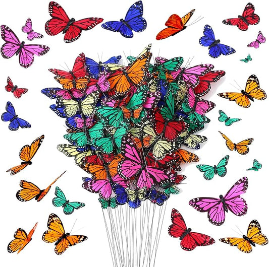 Lyrow 72 Pcs Monarch Butterfly Decorations 4 Size Artificial Feather Butterfly Decor on Picks Crafts with Wire for Spring Wall Flower Party Home Decor(Cute Color)