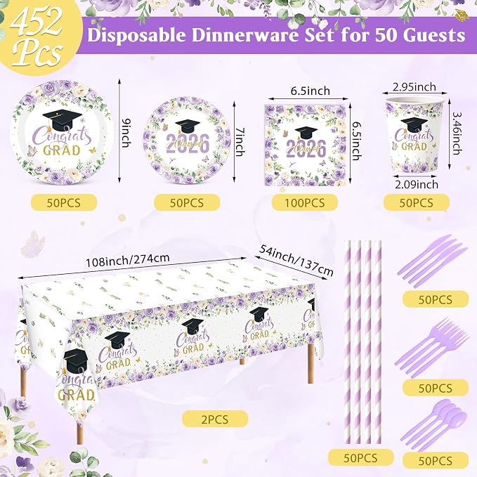 Funnymoom 452 Pcs Purple Floral Graduation Decoration Girl for 50 Guests, Class of 2026 Floral Graduation Paper Plates Napkins Cups Tablecloth Cutlery Straws for 2026 Congrats Grad Party Supplies