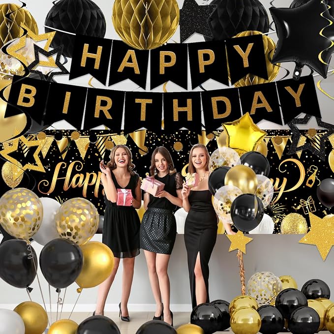 Gold Black Birthday Decorations, Happy Birthday Banner, Backdrop, Balloons, Honeycomb Balls, Star Foil Balloons, Stars Hanging Swirls & Cake Topper for Baby Boys Girl Men Women Birthday Decoration