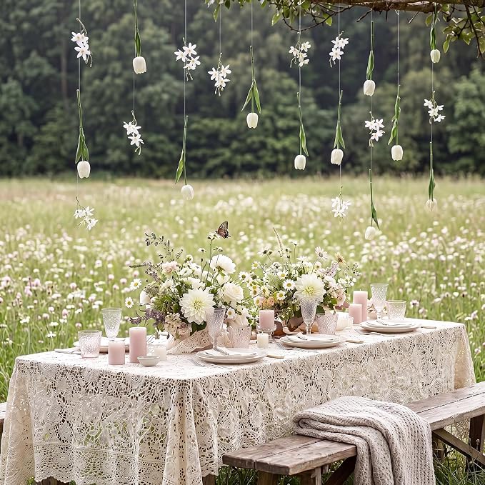 6 Pcs 35.4ft Artificial Tulips Hanging Flower Garlands with Hooks, Spring Faux Tulip and Wildflower Ceiling Vines, White Floral Backdrop for Wedding Party Home Wall Arch Decor