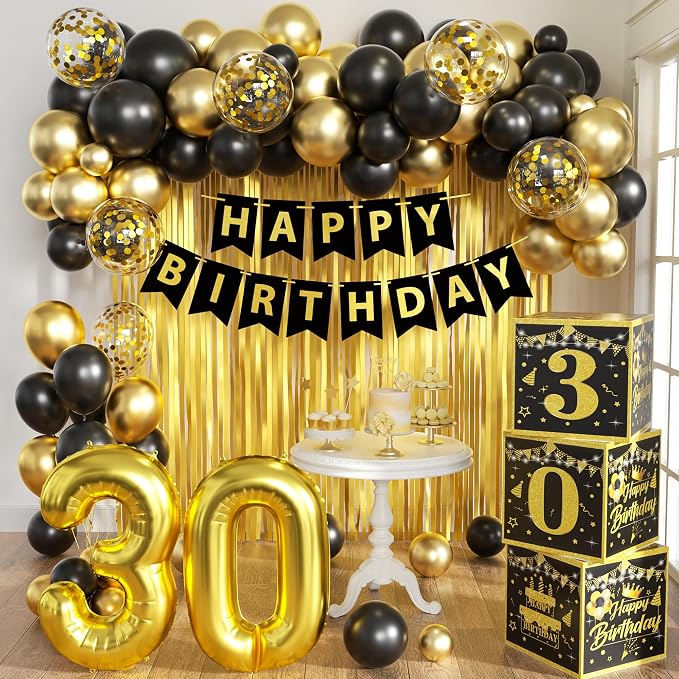 Gold 30th birthday decorations for him Men,3pcs birthday Decorations for Men boys black and gold Balloon Boxes Birthday Party Favors