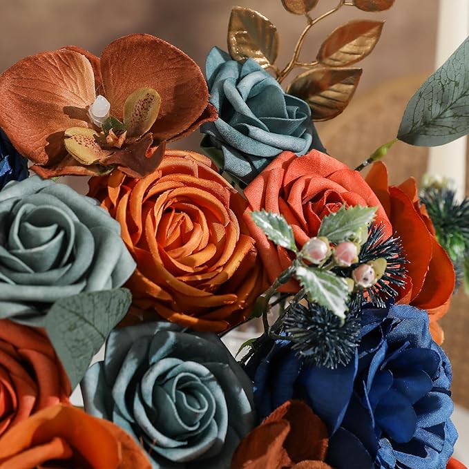 Garisey Artificial Flowers Combo for DIY Wedding Bouquets Combo Centerpieces Arrangements Party Bridal Baby Shower Home Decorations-Teal&Terracotta