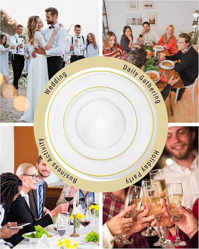 Hioasis 60pcs Clear and Gold Plastic Plates - Clear Disposable Dinnerware Set, 30pcs Dinner 10in & 30pcs Dessert 7in Plates with Striped Designs for Party & Wedding
