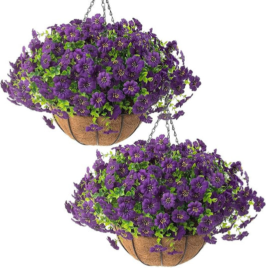Hananona 2 Set Artificial Outdoor Flowers with Hanging Basket, 2 Hanging Planters with 24 Pcs Flowers for Spring Summer Front Porch Garden Patio Home Decor (2, Purple)
