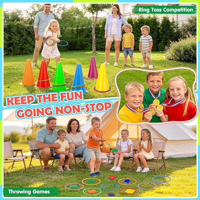 77 Pcs Potato Sack Race Bags, 8-in-1 Outdoor Carnival Games for Kids and Adults, Bean Bags Ring Toss, Tug of War Rope, Megaphone, Field Day Games for Lawn, Backyard, School, Birthday, Family, Beach