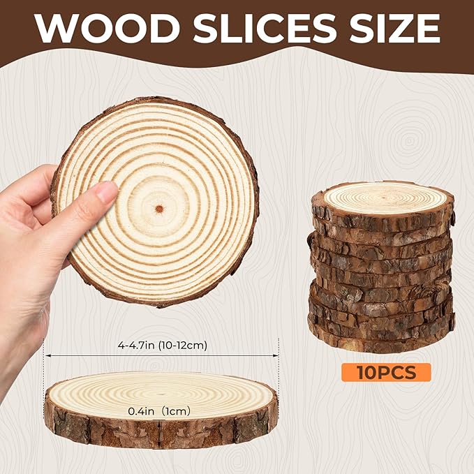 FSWCCK 10 PCS Unfinished Wood Slices for Centerpieces-Round Natural Discs with Tree Bark, Wooden Cookies Circles for Crafts Christmas Ornaments, Rustic Wedding Decor,Table Decoration (4"- 4 .7")