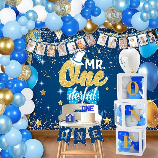 Baby Boy 1st Birthday Decorations, Baby First Birthday Decorations for Boy,Boys First Birthday Party Supplies, Ballon Boxes,High Chair Banner, Backdrop,Balloon Arch kit,Crown, Photo Banner