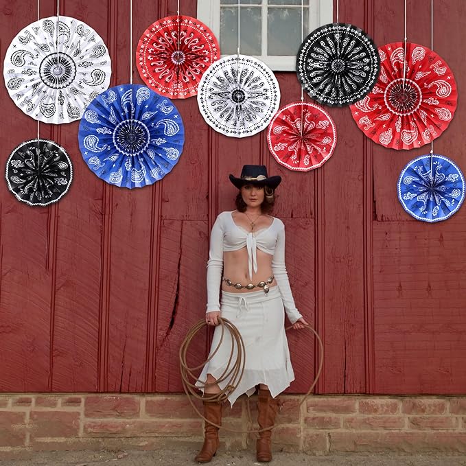 Outus 9 Pcs Western Party Decorations Paper Fans Wild West Bandana Hanging Paper Fans Ceiling Wall Garland for Western Cowboy Themed Party Decorations (Red/Blue/White/Black)
