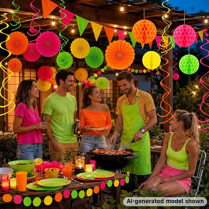 24 Pcs Neon Party Decorations Glow in the Dark Party Supplies | UV reactive fluorescent paper in pink, orange, yellow and green; paper fans, pom poms, honeycomb balls, banner and garland