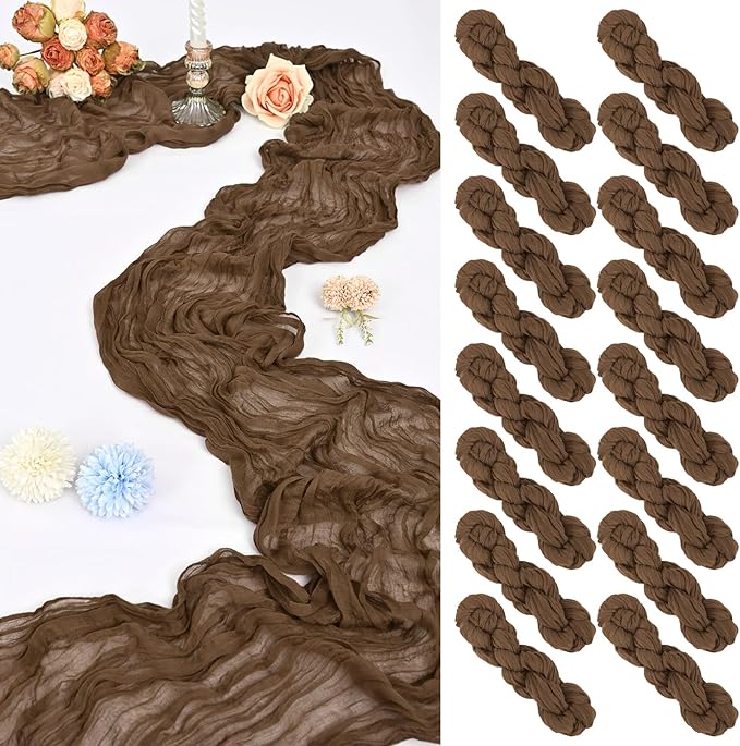 16 Pack 10Ft Cheesecloth Table Runner Brown, 20 x 120 Inch Rustic Gauze Boho Cheese Cloth Table Runners Wedding Long Table Runner for Wedding Party Bridal Shower Table Decoration