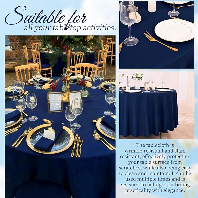 10 Pack Navy Blue Round Tablecloth 90 Inch, Waterproof Polyester Fabric Table Cloth for Round Tables, Stain Wrinkle Resistant Tablecloths Washable Table Cover for Wedding Dining Party Banquet