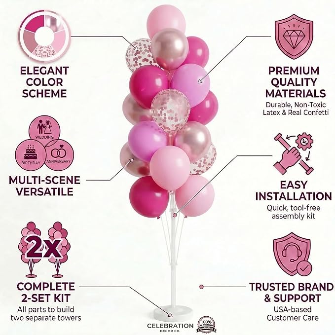 Balloon Column Kit Set of 2 With Balloons Included - Balloon Tower with Stand, Base, and Pole,Backdrop Decoration for Wedding, Baby Shower, Birthday Party (3xMetallic Light Pink)