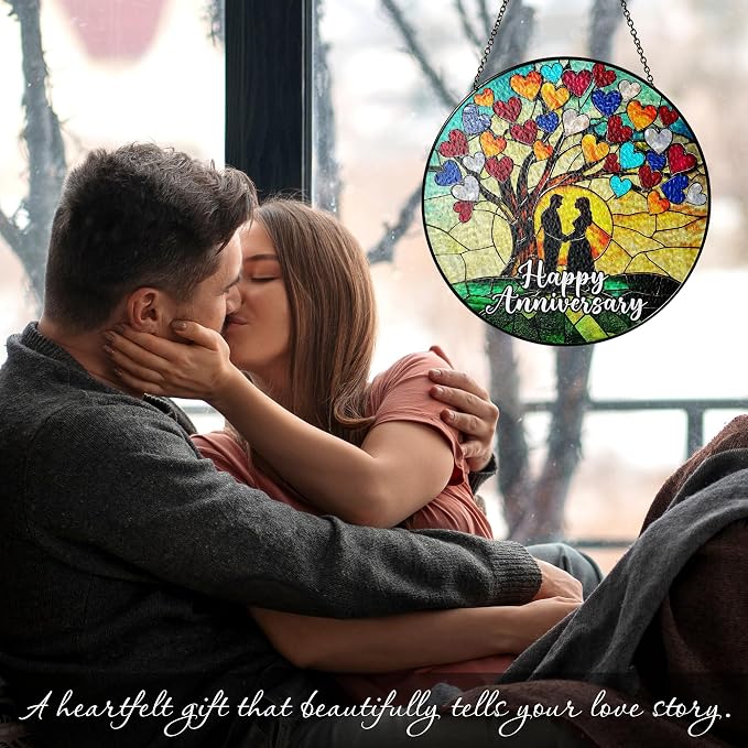 Happy Anniversary Stained Glass Suncatcher, Romantic Anniversary Wedding Gift for Wife, Husband, or Couples, Wedding Anniversary Celebration Keepsake Decoration