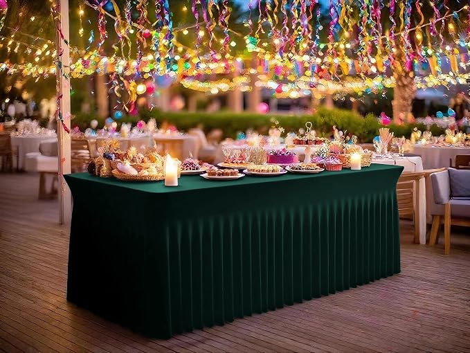 2 Packs Emerald Green Stretch Table Skirts for 8 Foot Rectangle Table, Washable Spandex Stretch Tablecloths with Skirt, Wrinkle Resistant Fitted Tablecover for Wedding Party Banquet