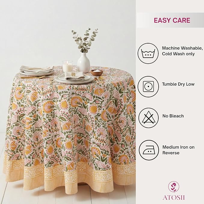 ATOSII Clover Yellow 100% Cotton Round Tablecloth, Handblock Print Floral Table Cloth for Kitchen Dining Linen I Parties, Weddings, Outdoors, Christmas, Thanksgiving I Fall Home Decor 60" Inches Round