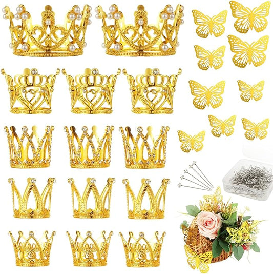 STARVAST 50PCS Mini Crowns Bulk for Flower Bouquets, Small Gold Crown Cupcake Toppers for Wedding, Baby Shower & Birthday Party Decorations, 5 Styles with Floral Arranging Needles