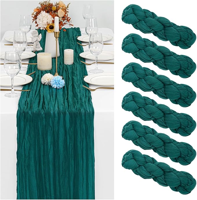 Showgeous 6 Pack Teal Cheesecloth Table Runner Gauze Table Runner 10FT Long Semi-Sheer Table Runner Boho or Rustic Wedding Table Decor for Wedding Decor Arch Draping Bridal Shower Holiday Party