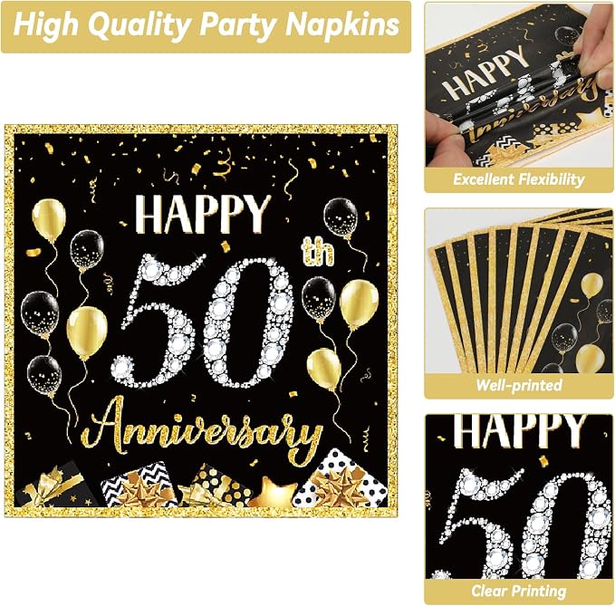 50 Guests 50th Anniversary Plates Napkins Party Supplies Employee Career Wedding Party Decoration Disposable Paper Cake Tableware Sets Party Dinnerware Favors Fiftieth Anniversary, 200PCS