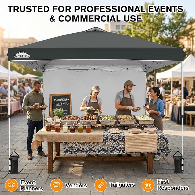 EAGLE PEAK Commercial Canopy 10x10 Pop Up Canopy Tent with 1 Sidewall, Easy Setup Heavy Duty Instant Event Shelter for Vendors & Markets, Outdoor Sun Shade, Gray