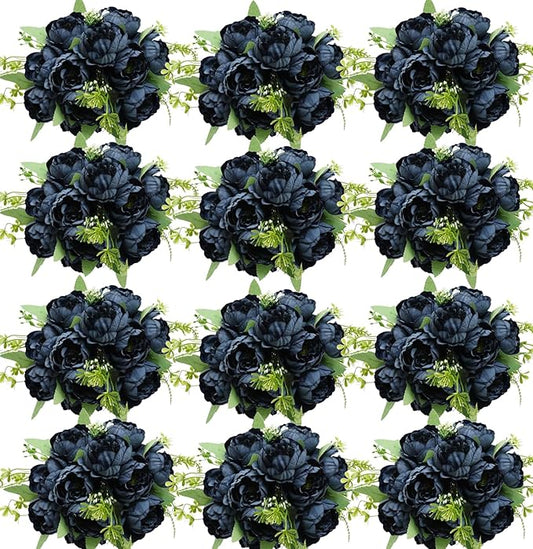 12 Bundles Peonies Artificial Flowers Artificial Peonies Silk Flowers Fake Peonies Artificial Flowers Wedding Home Table Decoration Realistic Peonies Bouquet for Centerpiece Table (Navy Blue)