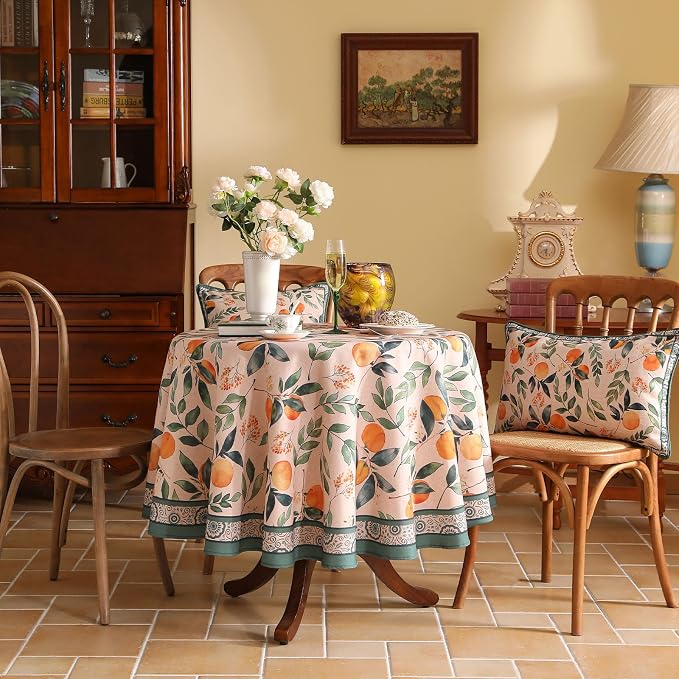 patdrea Designer French Linen Tablecloth,Round,Diameter 55"-Palladin A | Colorful Elegant Table Cloth for Round Table,Orange Floral Patterned,for Dining Room Tea Party Thanksgiving