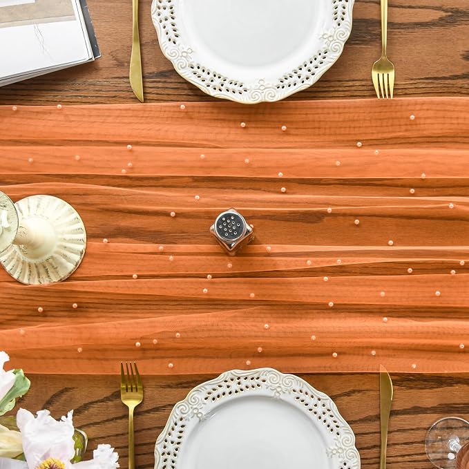 Artoid Mode Pearl Orange Gauze Table Runner 120 Inch 10FT, Seasonal Sheer Dining Holiday Wedding Birthday Baby Shower Table Decor for Home Party