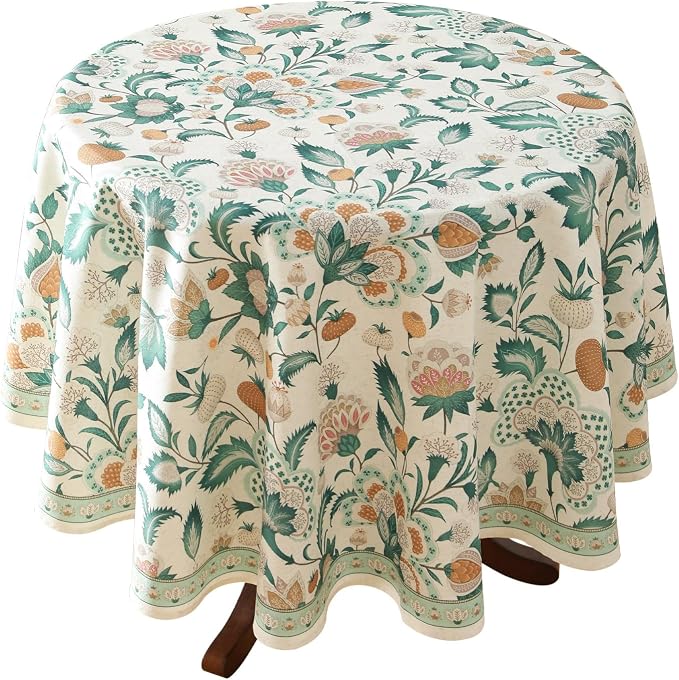 patdrea Vintage French Linen Tablecloth,Round,Diameter 67"-Tree Life | Elegant Colorful Table Cloth for Round Table,Green Floral Patterned,for Dining Room Tea Party Thanksgiving,Durable