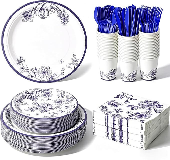 400 Pcs Disposable Blue and White Floral Tableware Set for 50 Guests | Heavy-Duty 7" & 9" Paper Plates, Cups, 13" Napkins & Plastic Cutlery for Bridal Baby Shower and Tea Party Supplies