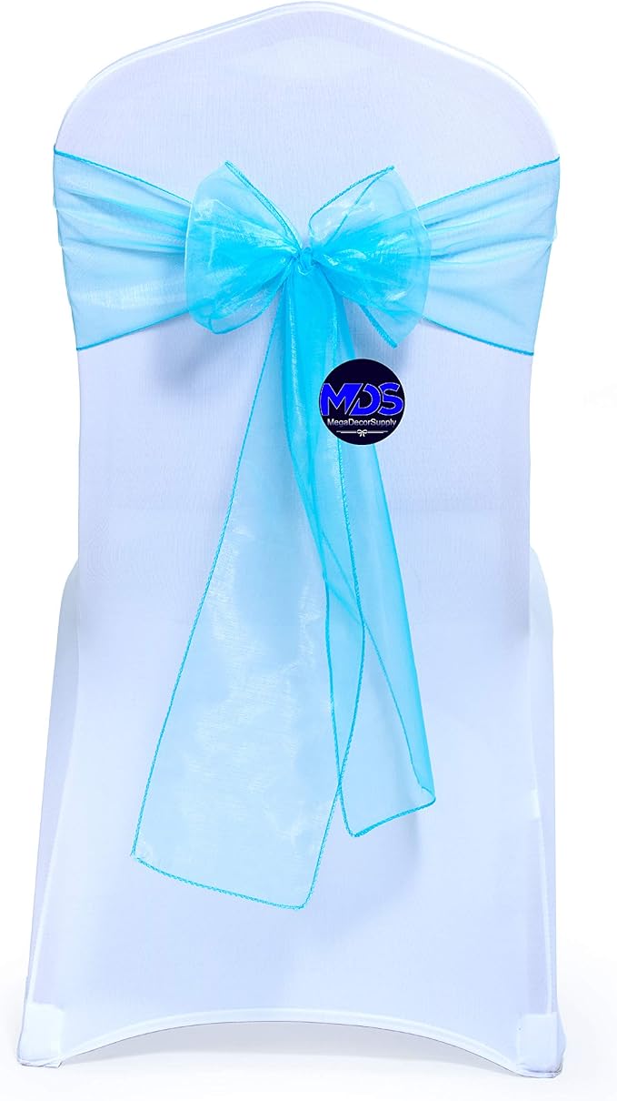 MDS® Pack of 200 Organza Chair Sashes for Wedding Decoration, Reusable Sheer Chair Bows for Banquet Chair Cover, Reception, Bridal Shower, Baby Shower, Birthday Party & Special Events - Turquoise