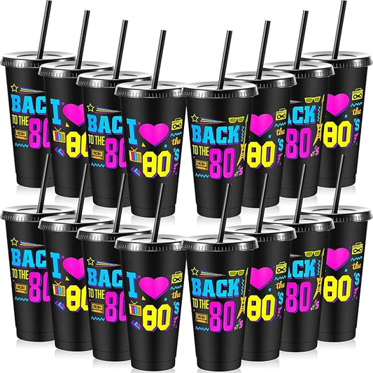 Uiifan 16 Pcs Back to the 80's Party 1980's Birthday Reusable Cups with Lids and Straws 24 oz Plastic Rock and Roll Tumblers Bulk Funny 80s Party Supplies