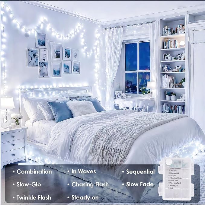 QITONG 2 Pack Battery Operated String Lights, Each 33ft 100 LED White Christmas Lights Outdoor Waterproof, 8 Modes Clear Wire Twinkle Fairy Lights Indoor with Remote