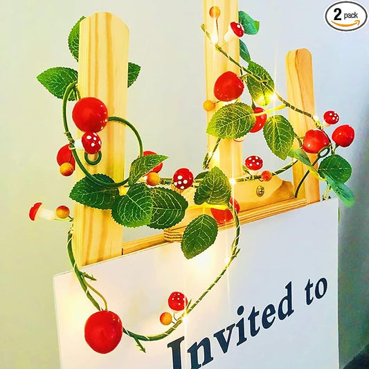 Artificial Cherry String Lights 6.56ft/20LED Hanging Vines Plant Garland Artificial Berries Light Battery Powered for Home Garden Wedding Party Decor (W- Cherry Vine with LED, 2 Pack)