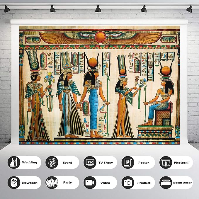 Egyptian Backdrop Queen Nefertari Making an Offering to Isis Nefertaris Tomb Painting Photography Backdrop for Party Decorations Gyptian Papyrus Backdrops Portrait Video Props Vinyl 8x6ft