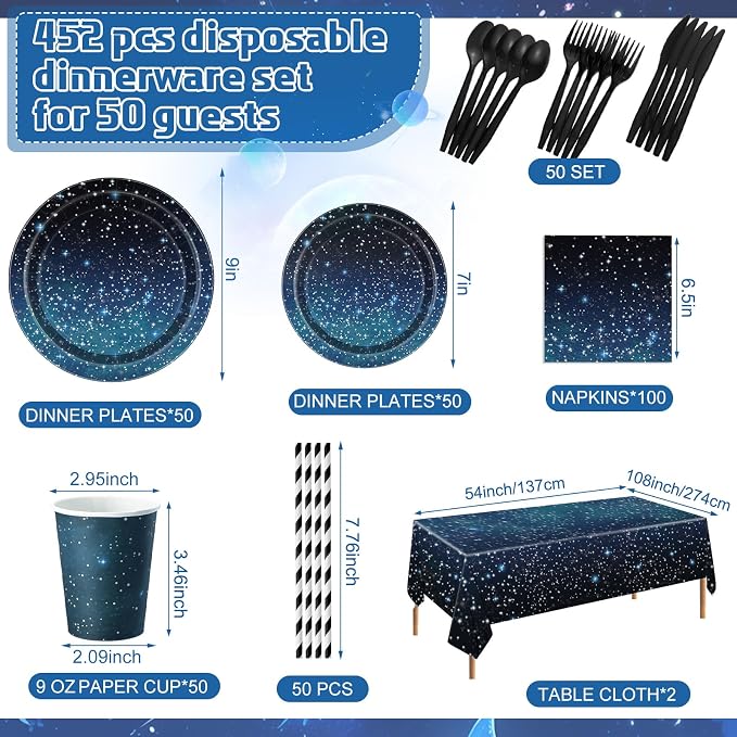 Funnymoom 452 Pcs Galaxy Party Decorations for 50, Starry Night Theme Paper Plates Napkins Cups Tablecloth Cutlery Straws for Outer Space Theme Birthday Bridal Baby Shower Party Decorations Supplies
