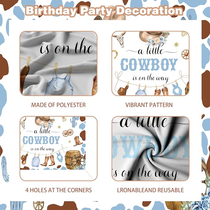 Cowboy Baby Shower Decorations for Boy - Western Theme Party Supplies Include Balloon Garland Arch Kit, Backdrop, Tablecloth, 4 Balloon Boxes, Cake Topper - A Little Cowboy is on the Way Decor Blue